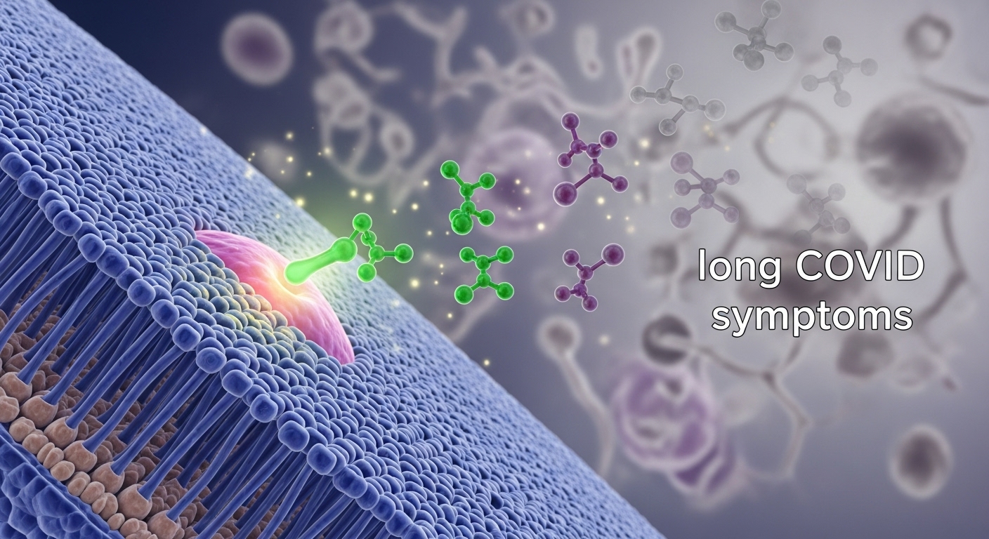 Illustration of nicotinic acetylcholine receptors with a nicotine patch icon suggesting potential relief of long COVID symptoms