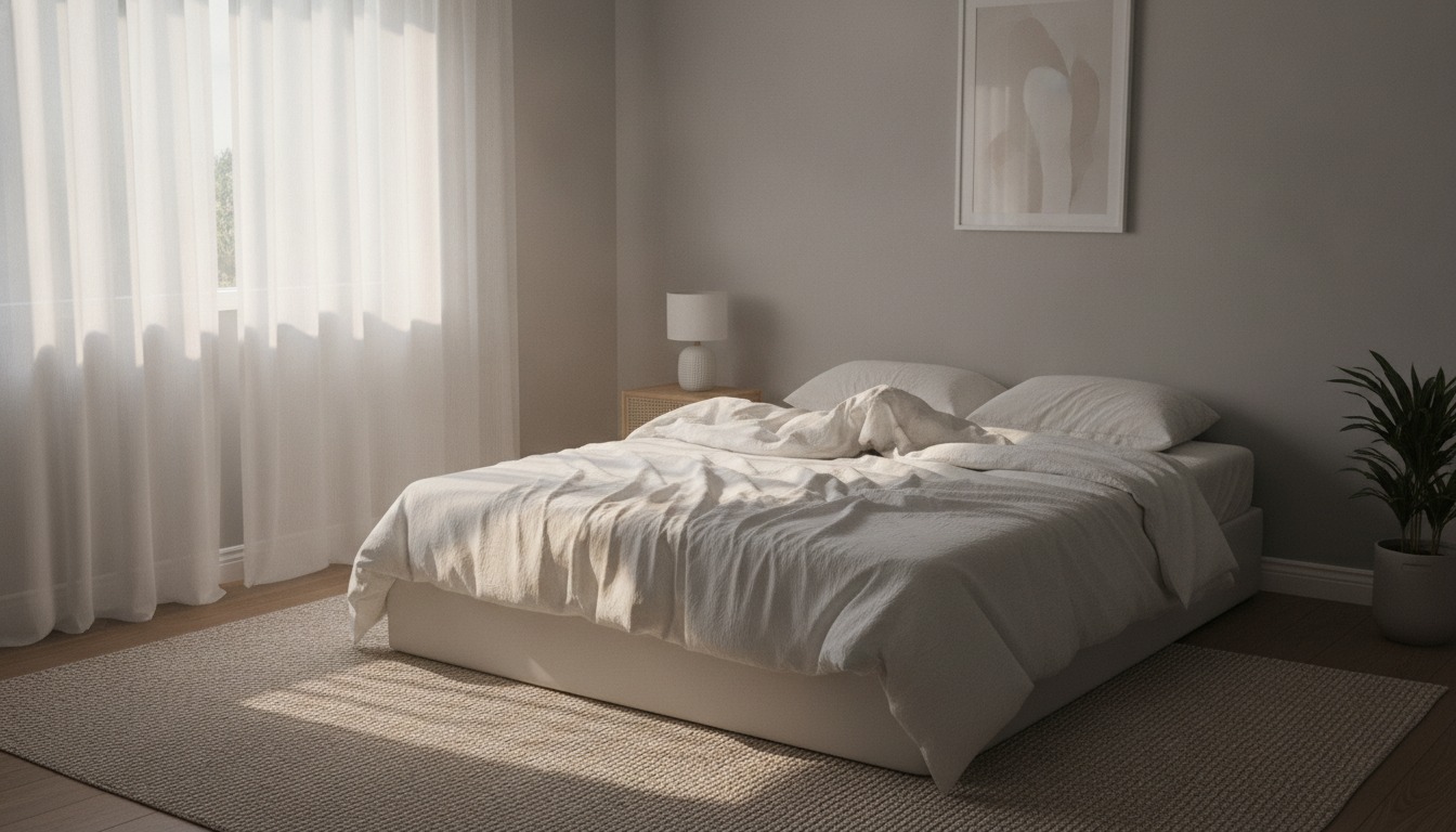 Empty bed with rumpled white sheets in a quiet bedroom lit by soft morning sunlight through sheer curtains