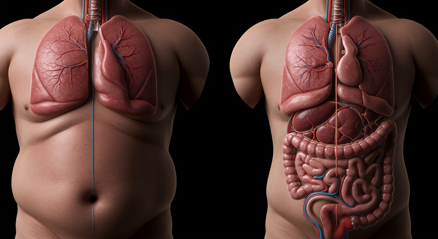 Medical anatomical diagram showing normal versus obese gastroesophageal junction with pressure changes and structural alterations