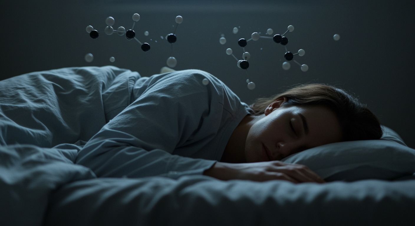 Photorealistic image of person sleeping peacefully with subtle scent molecules floating in air, showing connection between smell and memory during sleep, soft lighting, no text