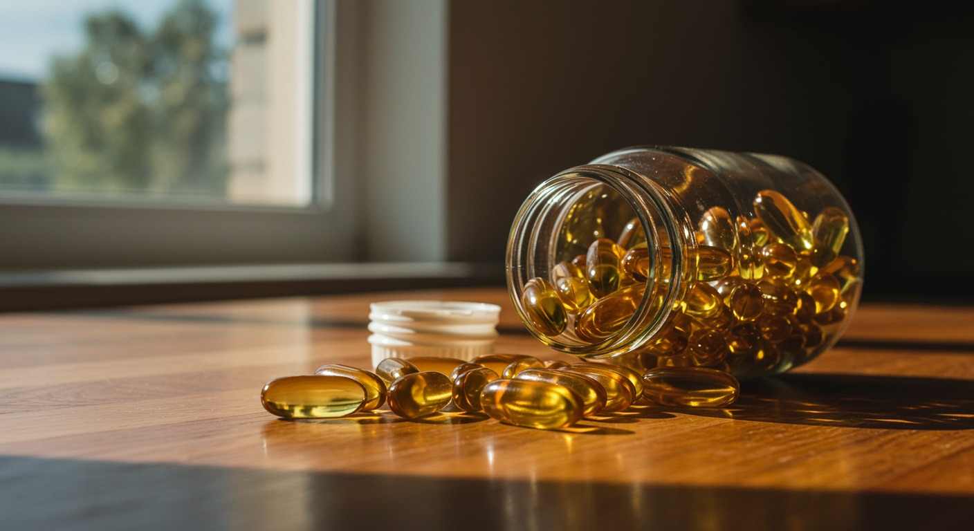 Amber fish oil softgel capsules spilling from an open glass bottle onto a wooden kitchen table near a sunlit window