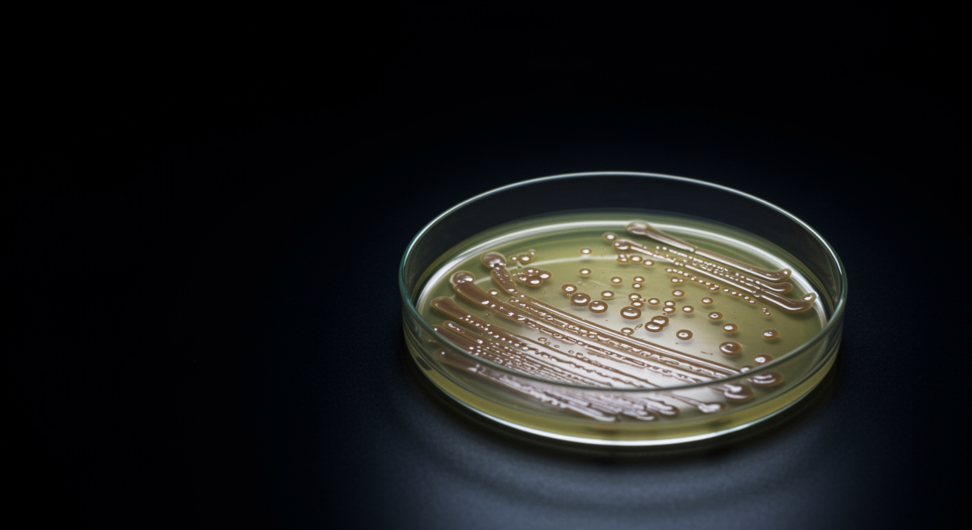 Single petri dish with bacterial culture under laboratory lighting