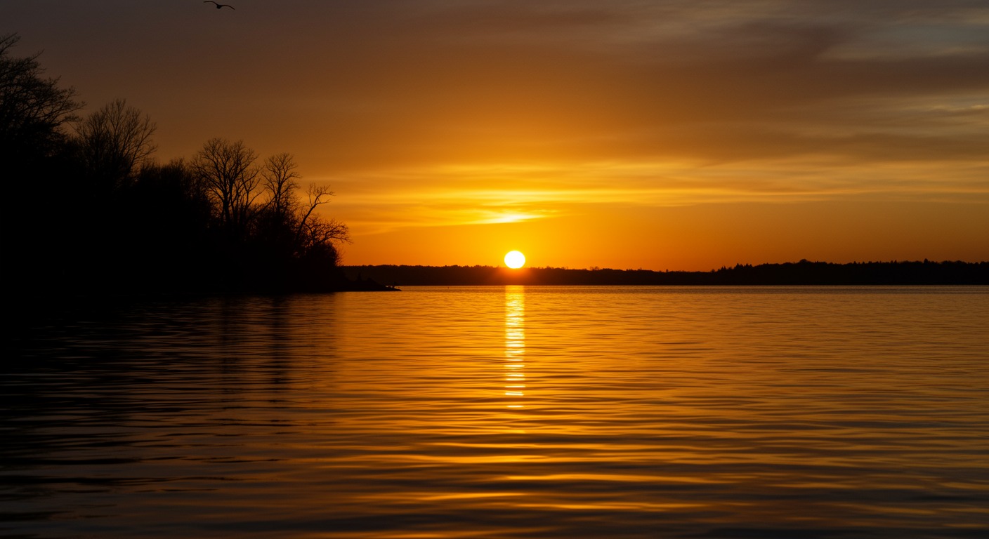 Golden sunset over calm water