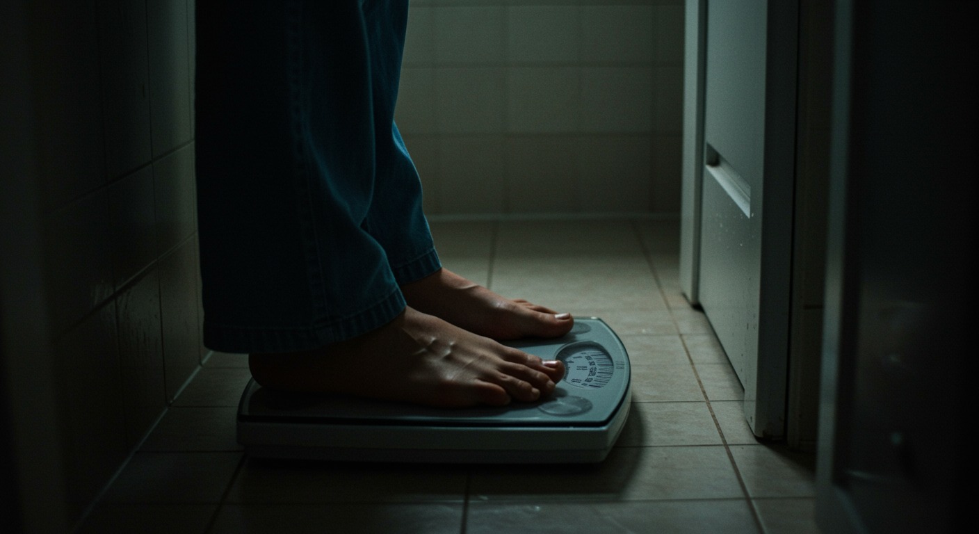 Person stepping on a scale in a bright bathroom with clean neutral tones and soft natural light