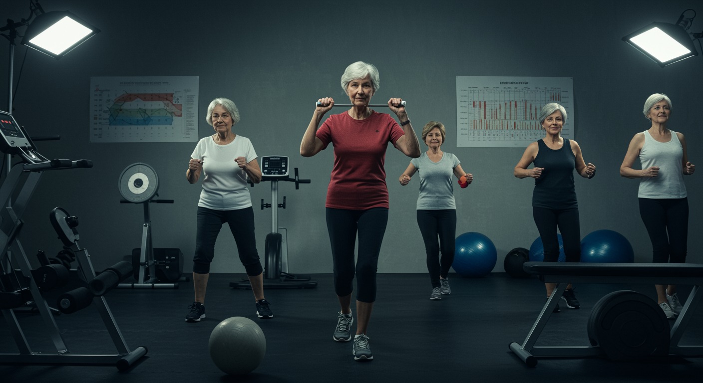 Older adults participating in various exercise activities with dose-response research charts and geriatric fitness equipment