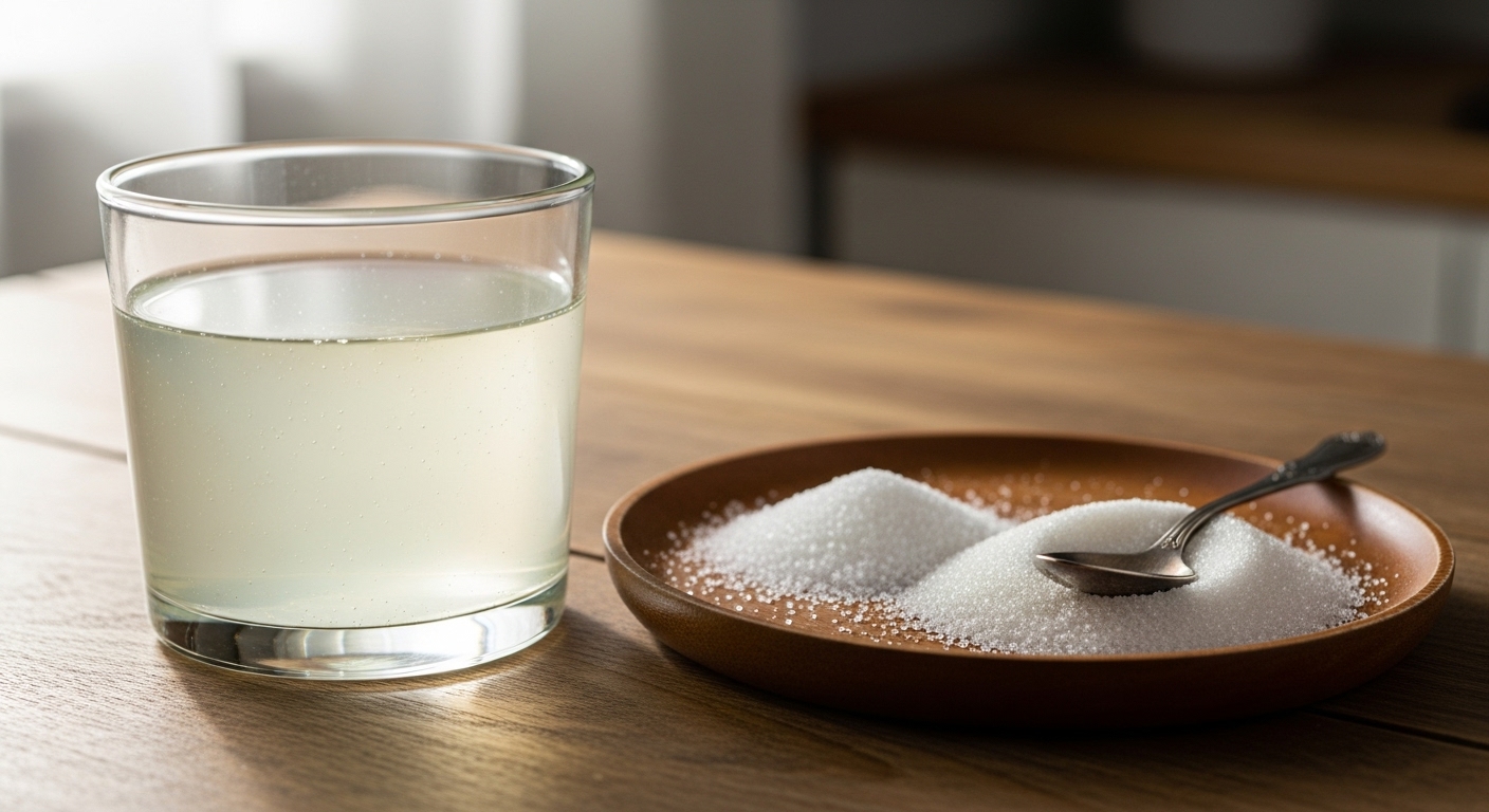 Glass of oral rehydration solution on a table with salt and sugar ingredients