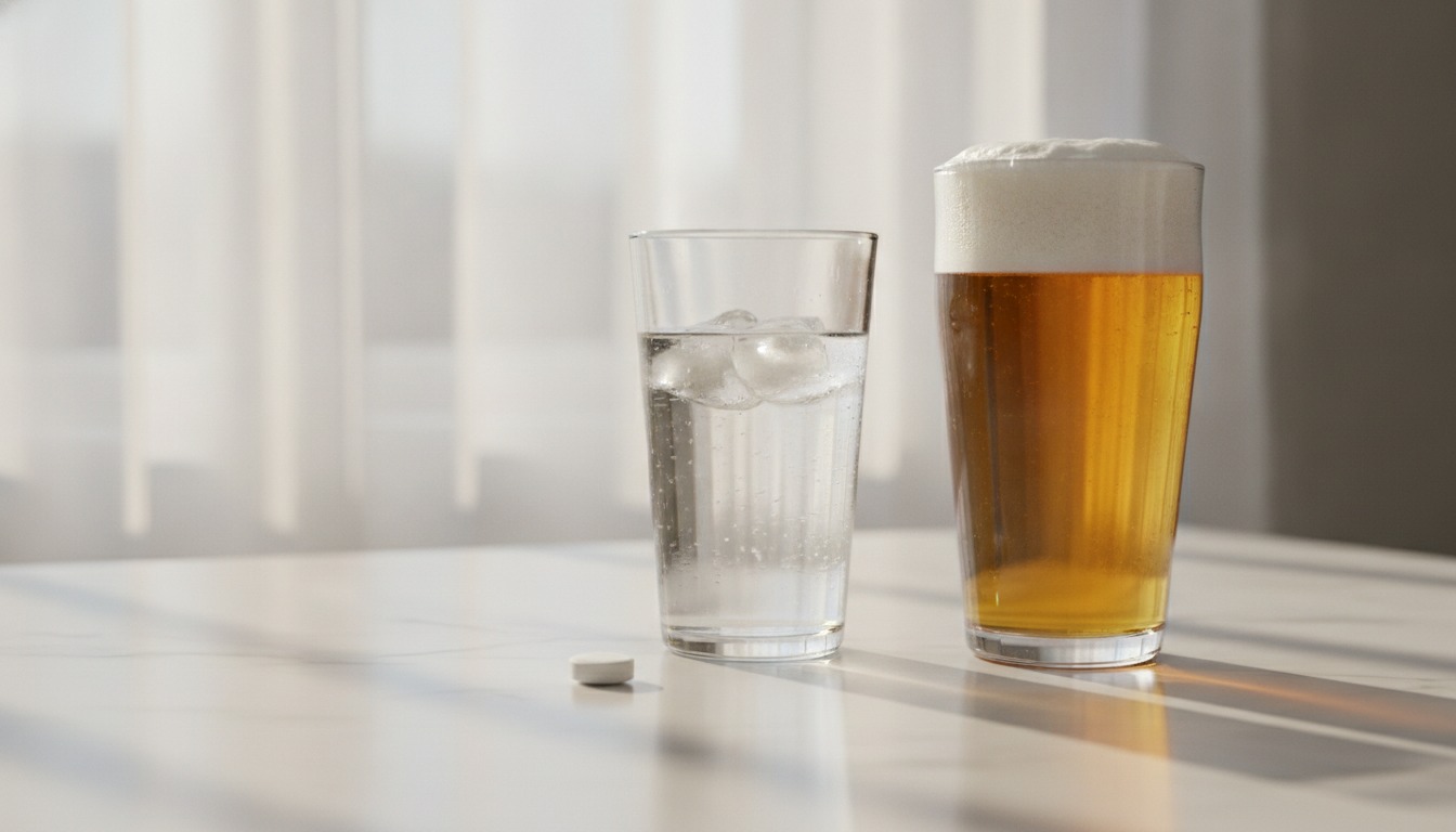 A single white prescription tablet on a clean countertop beside a glass of water and an untouched glass of beer in soft morning light