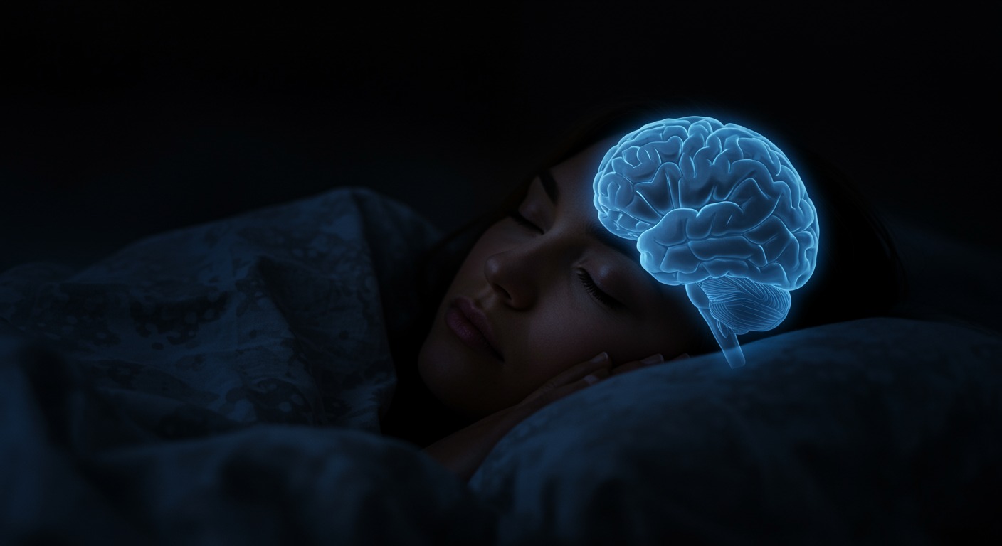 Photorealistic image of peaceful sleeping person with subtle emotional healing visualization, soft therapeutic lighting showing brain processing emotions, no text