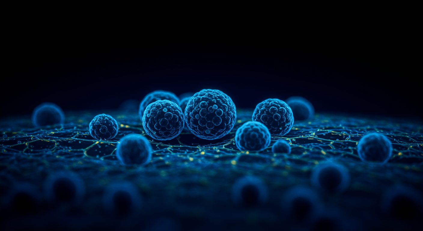 Microscopic cellular structures with blue lighting