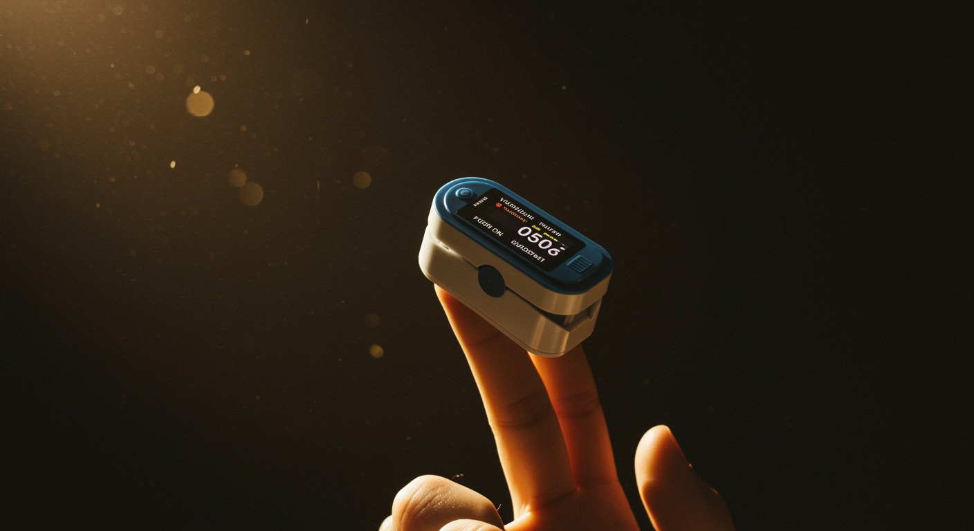 Pulse oximeter on finger in warm natural light