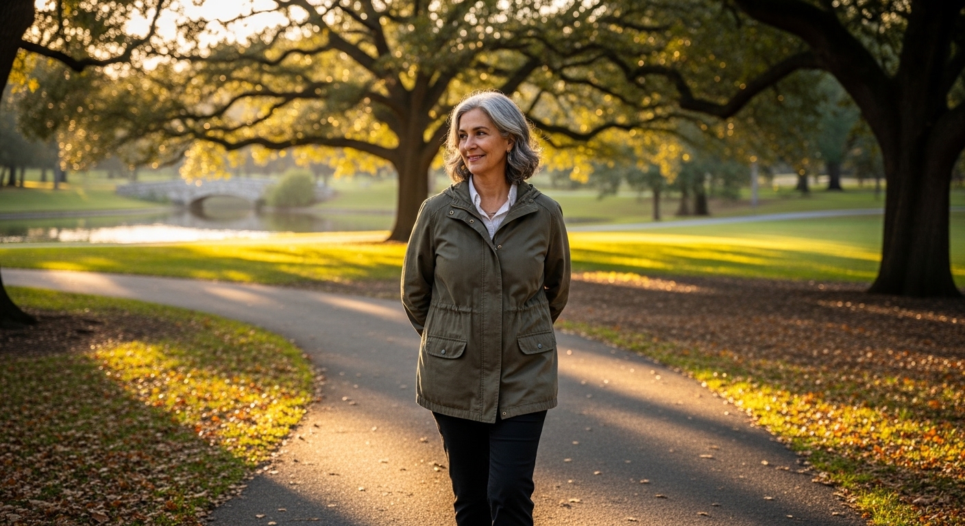 Person taking a brisk walk outdoors to reduce cigarette cravings