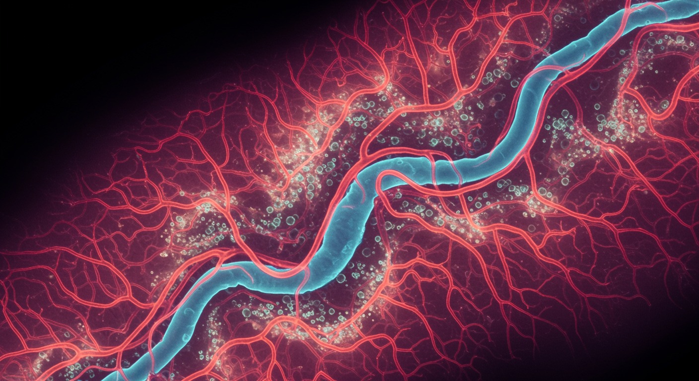 Photorealistic microscopic view of brain blood vessels with flowing cerebrospinal fluid pathways, showing intricate neural network, soft scientific lighting, no text
