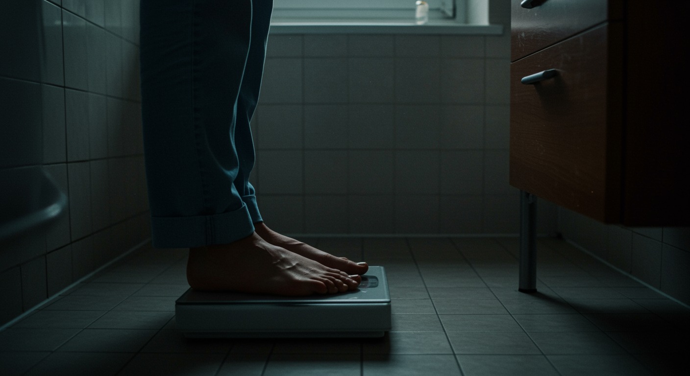 Person stepping on a scale in a bright bathroom with clean neutral tones and soft natural light