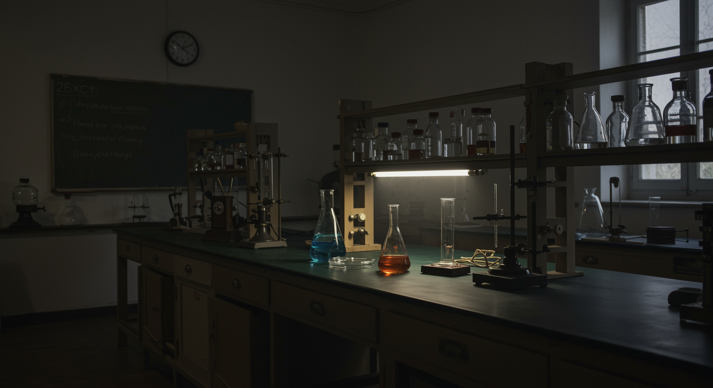 Historic university laboratory bench with scientific equipment under soft lighting