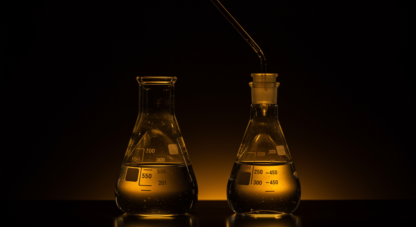 Vintage glass laboratory flask with clear liquid under warm lighting