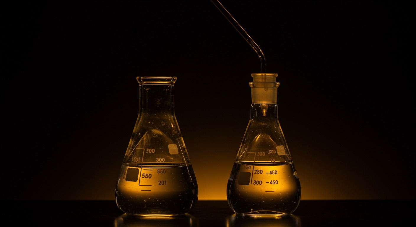 Vintage glass laboratory flask with clear liquid under warm lighting
