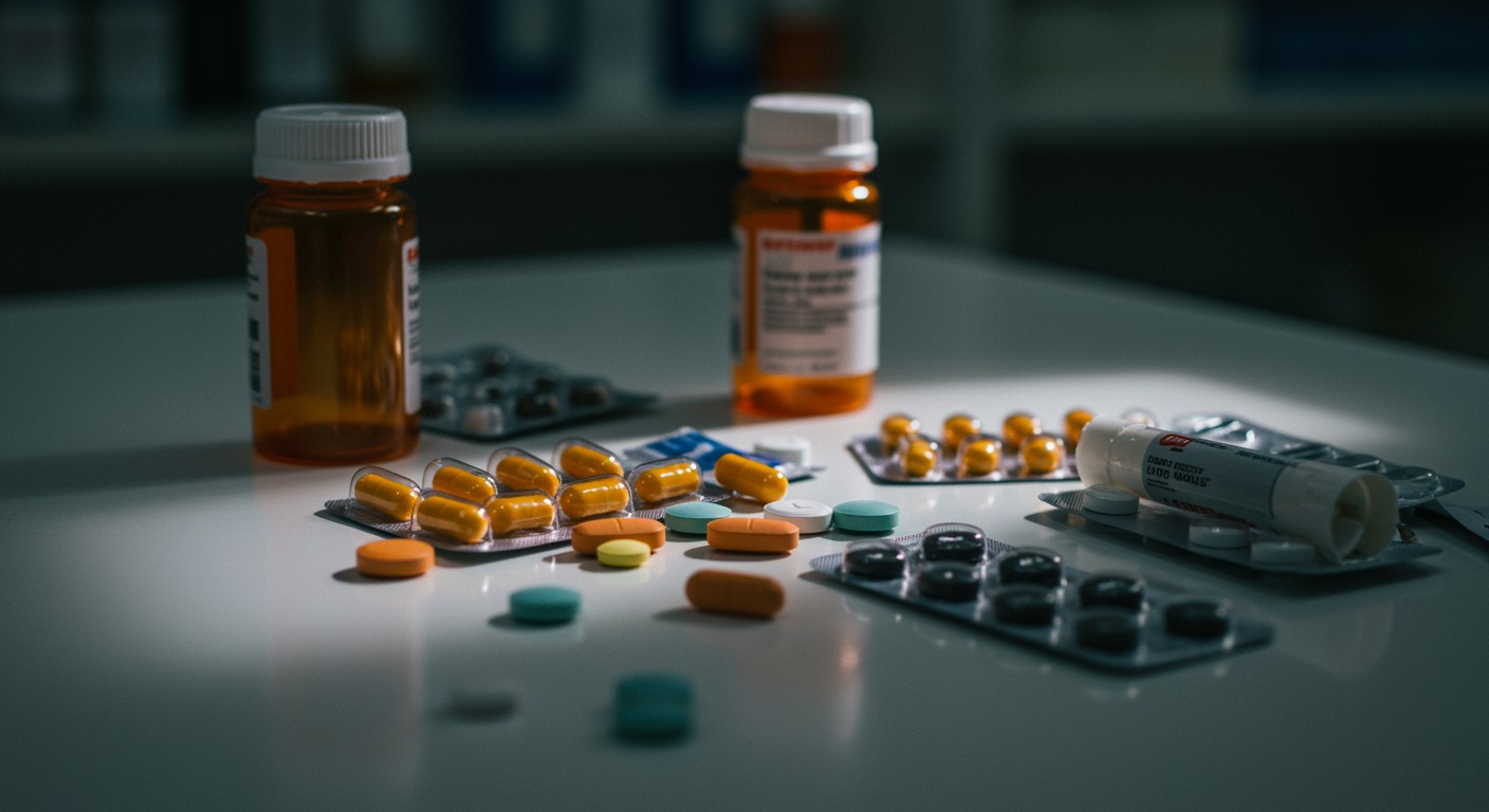 Scattered prescription pill bottles and tablets on a white pharmacy counter under bright fluorescent lighting
