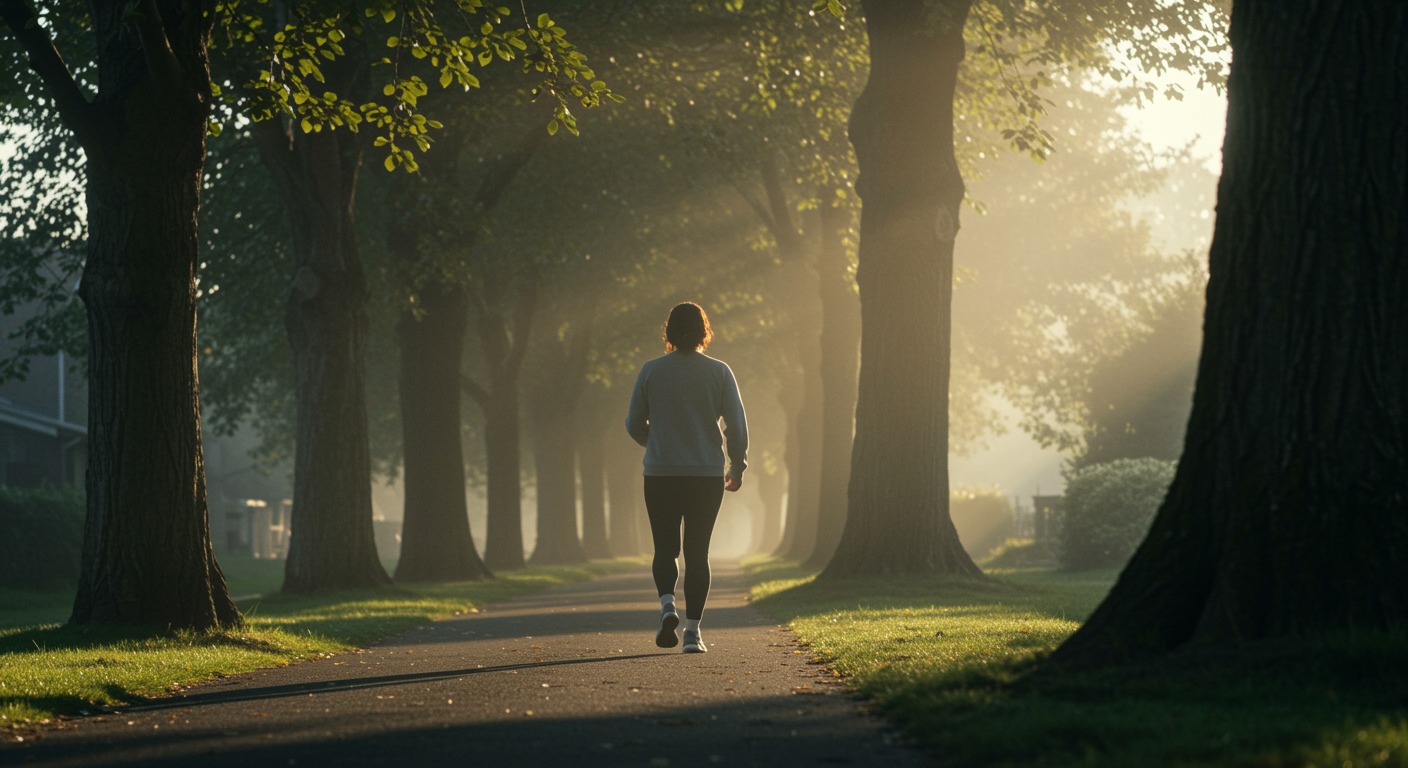 A person in comfortable clothes walking briskly along a tree-lined neighborhood path in soft morning light