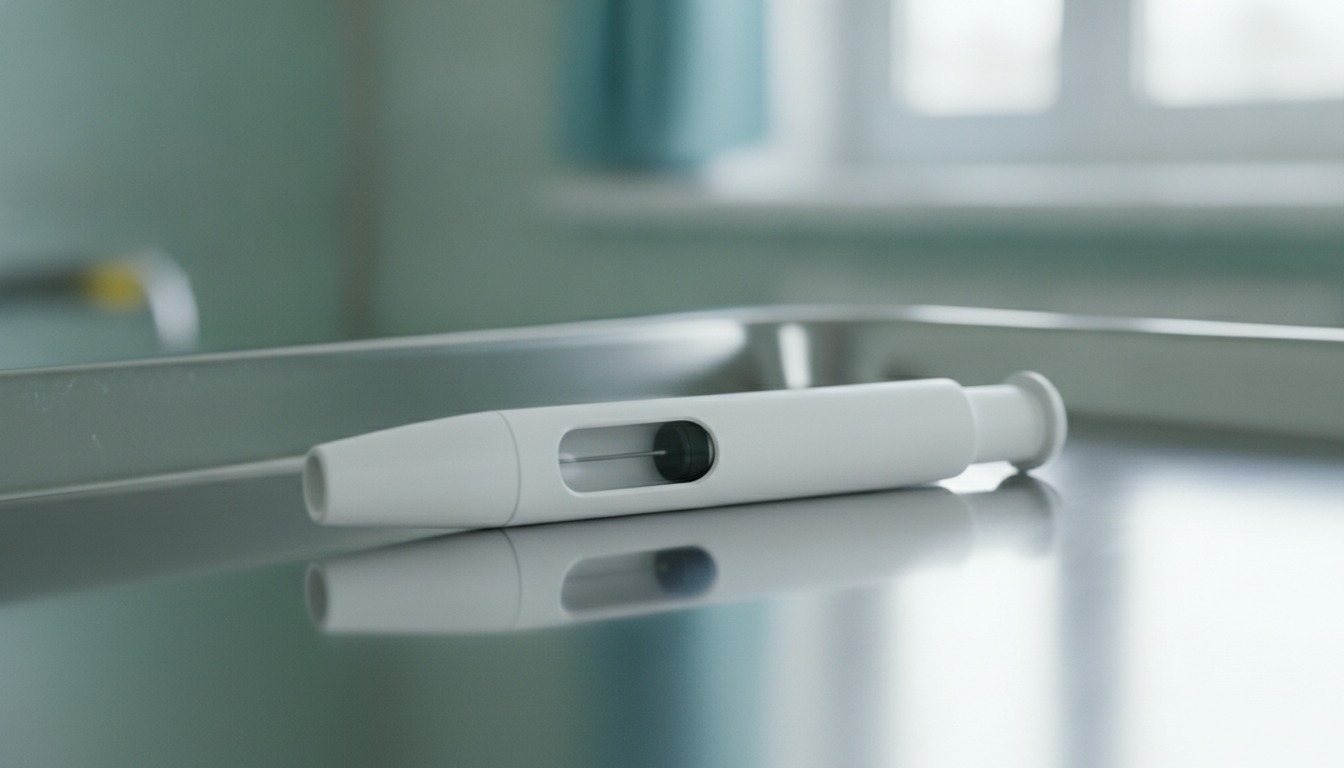 A single-dose subcutaneous injection pen resting on a clean clinical tray in soft natural light