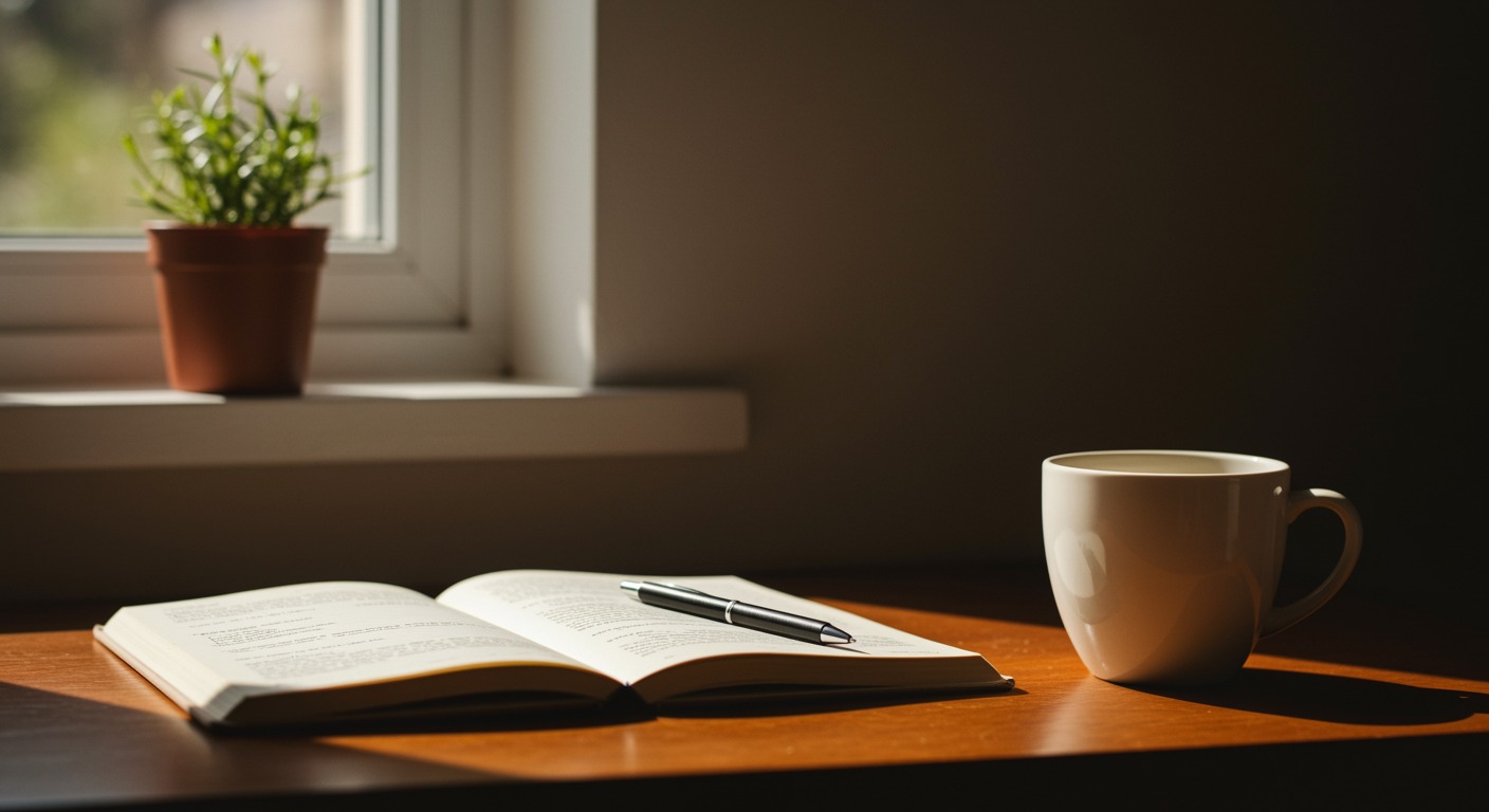 Open notebook and a cup of coffee on a wooden desk by a window with warm soft morning light and a small potted plant