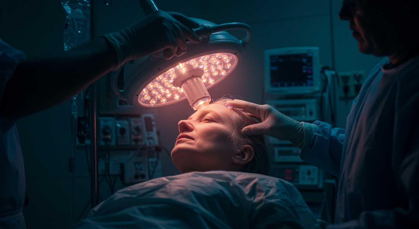 Medical illustration showing near-infrared light being applied to the head of a patient in a hospital intensive care setting