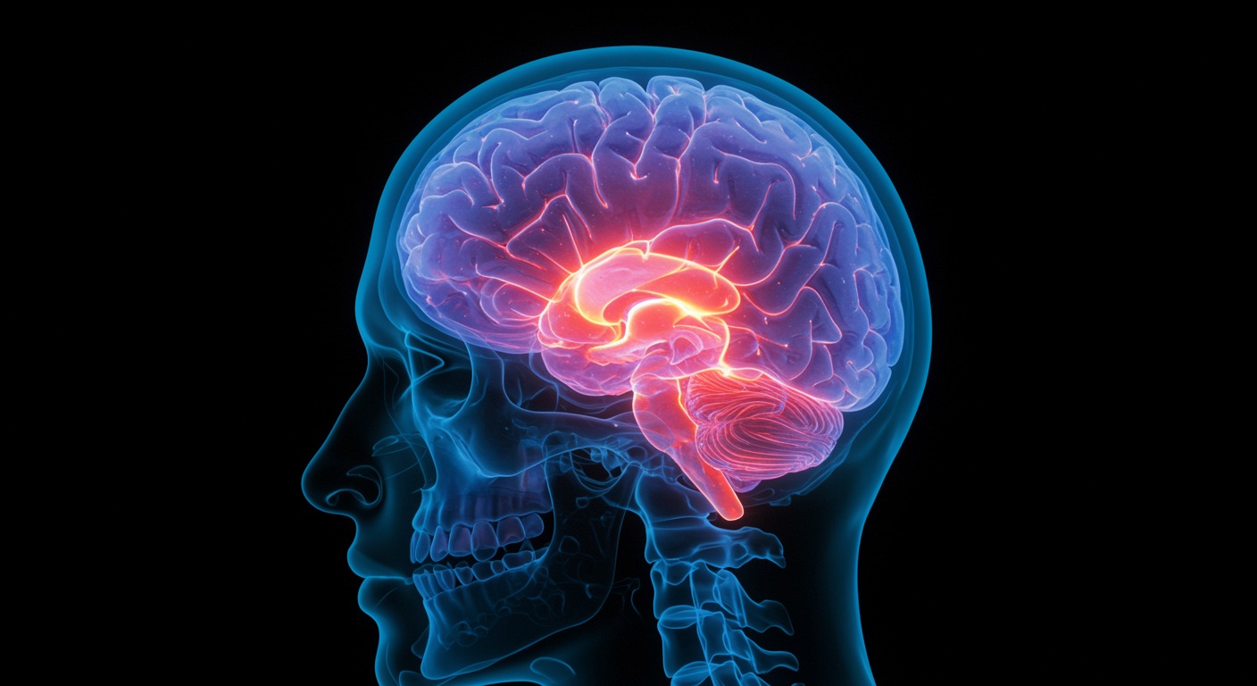 Artistic visualization of near-infrared light waves penetrating through the human skull to illuminate brain tissue, medical illustration style