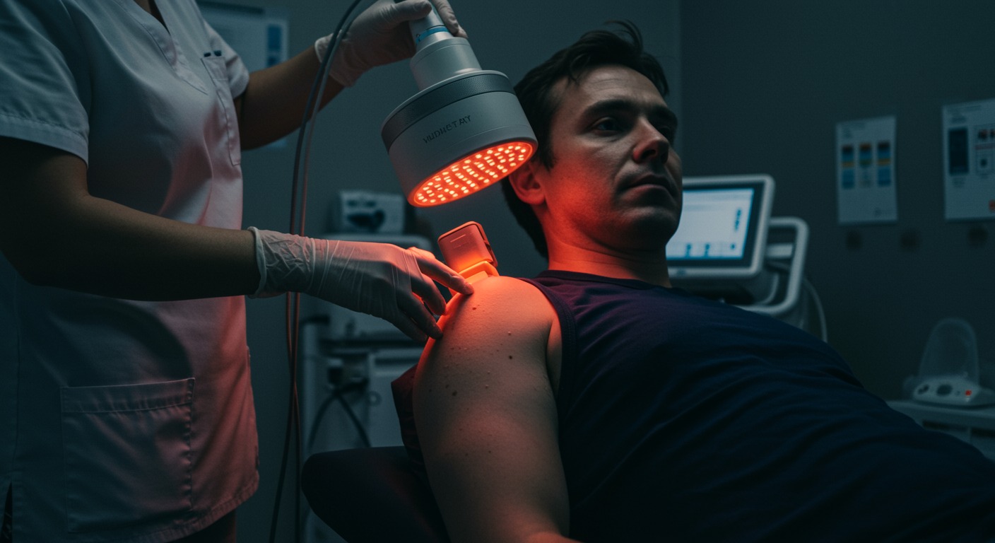 Patient receiving LED infrared light therapy on their shoulder in a physical therapy clinic with treatment equipment visible