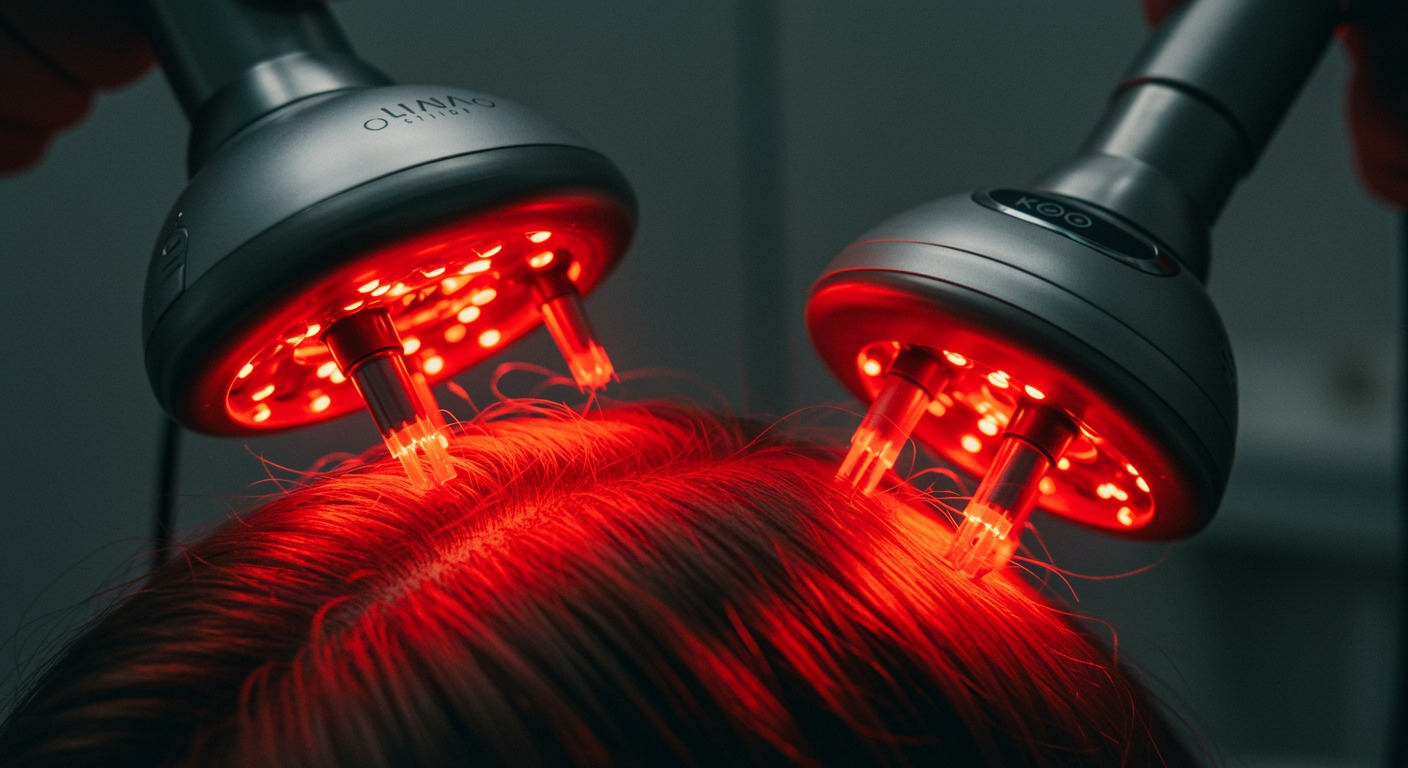 Close-up of a person's scalp showing hair regrowth with a red light therapy device visible in the background of a clinical setting