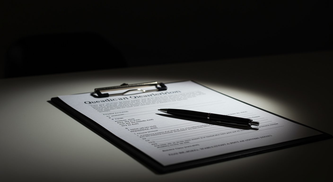 Medical questionnaire on clipboard with pen on clean white desk with soft lighting