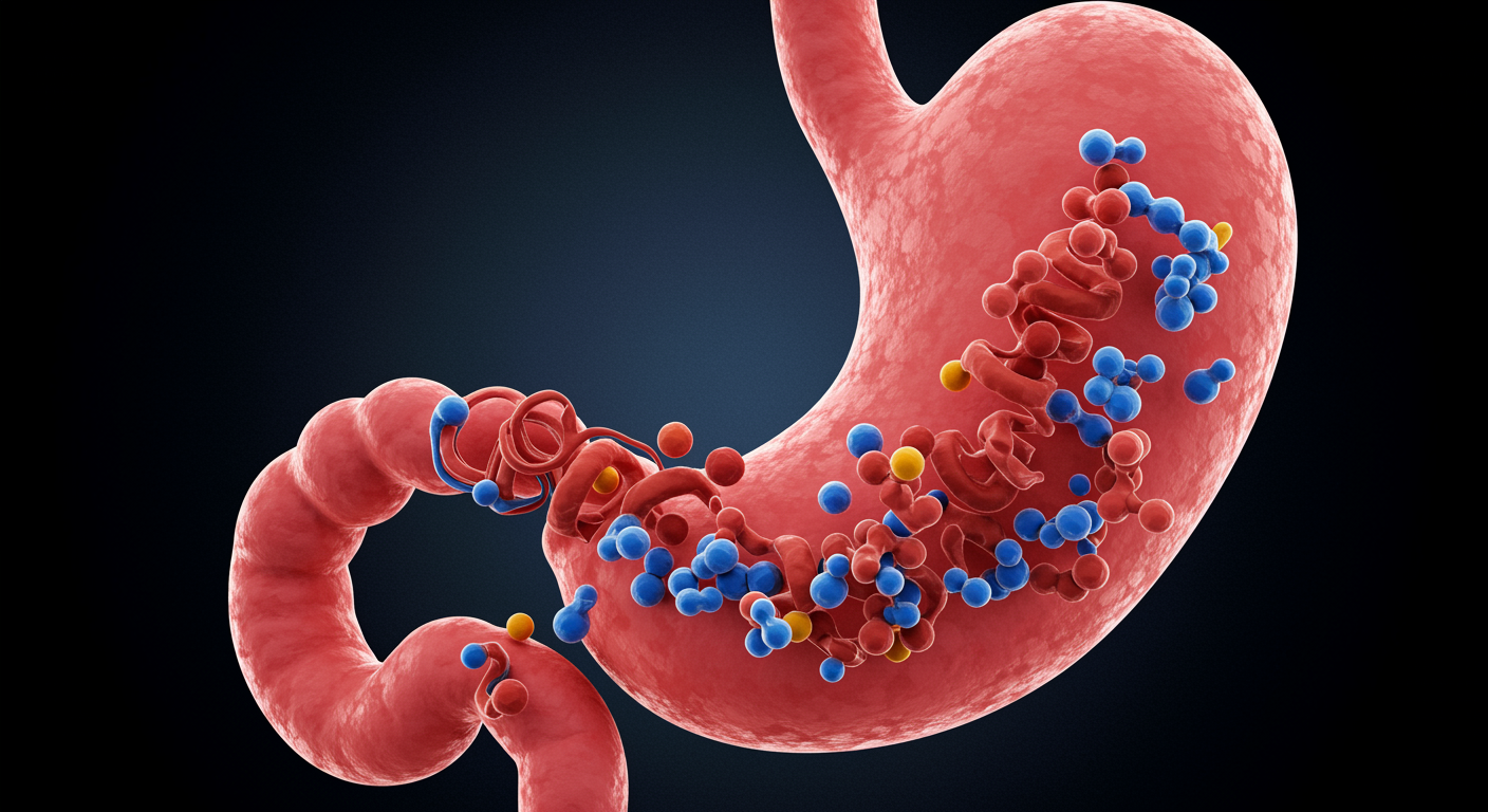 Detailed anatomical illustration showing pepsin enzyme structure and protein digestion process in stomach environment