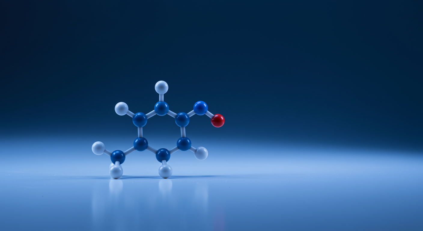 Single serotonin molecule structure model on clean white surface with soft blue lighting