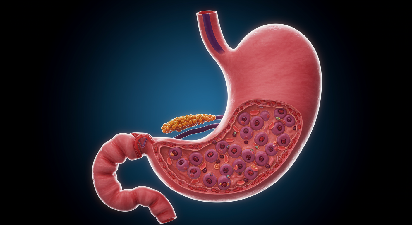 Detailed anatomical diagram showing stomach structure with parietal cells, gastric glands, and digestive physiology processes