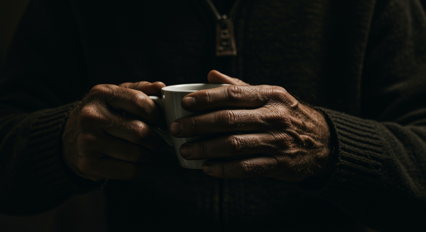 Close-up of weathered hands holding a cup of coffee with dramatic side lighting and rich earth tones