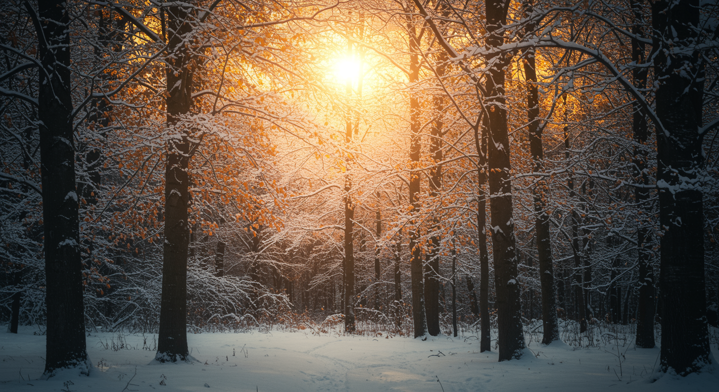 Winter trees with warm sunlight