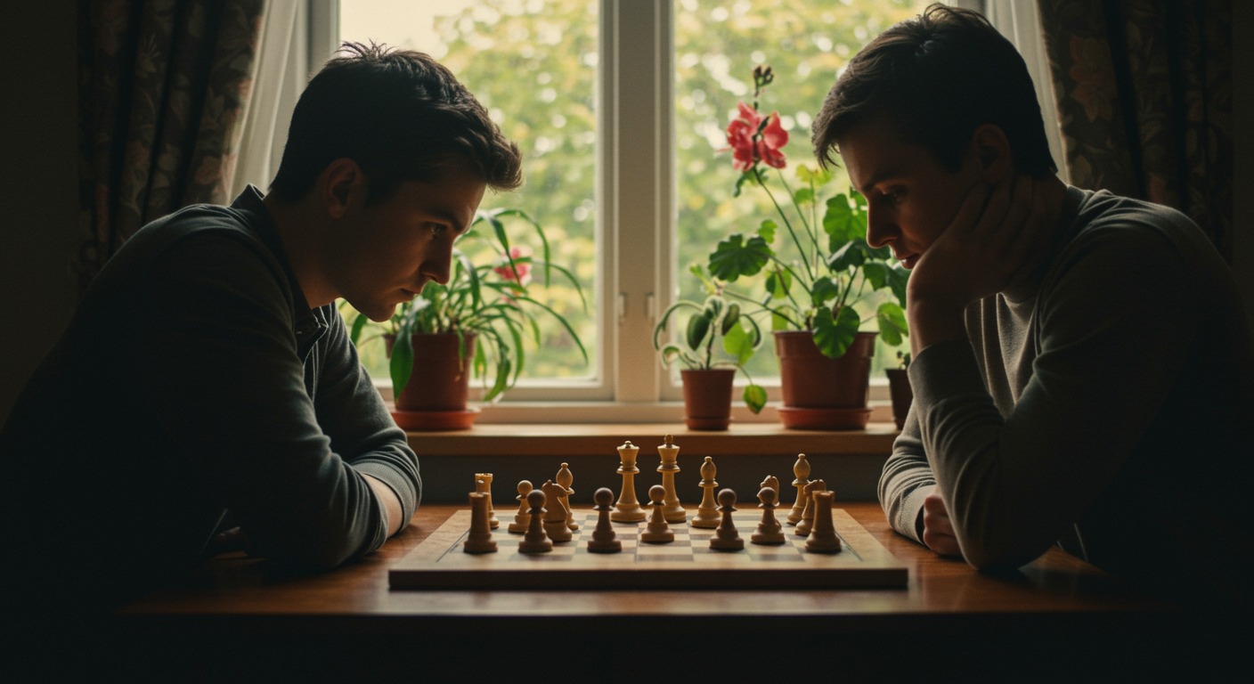 Person concentrating on a chess board by a bright window with warm natural light and lush plants in the background