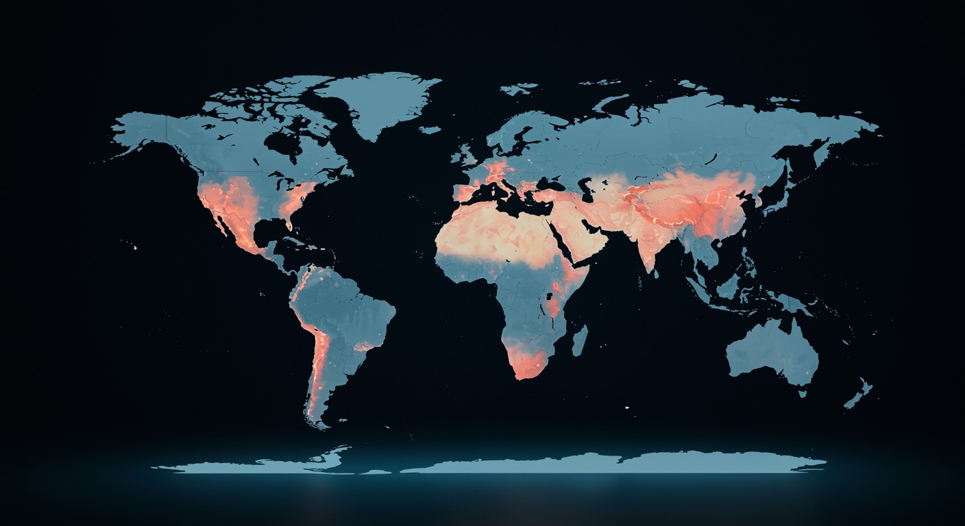World map with highlighted regions showing global health progress with soft lighting