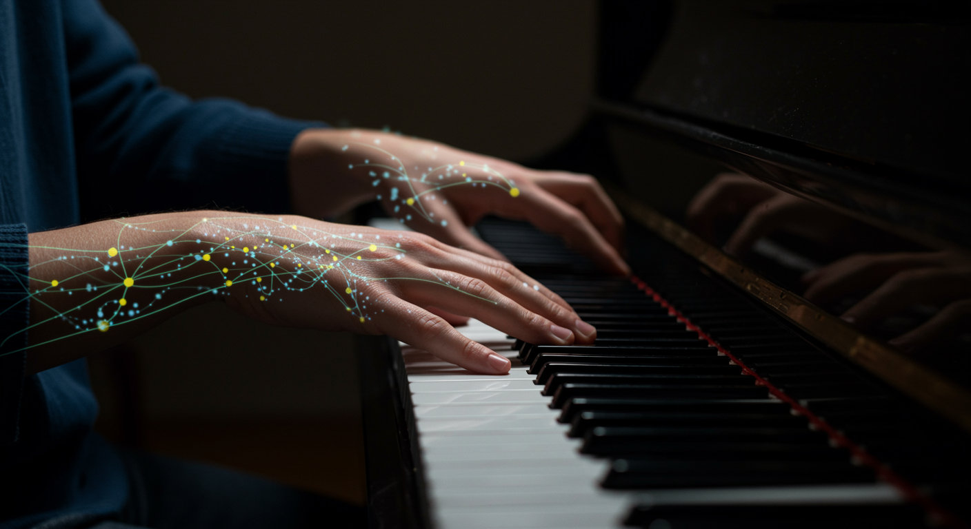 Photorealistic image of hands playing piano with neural pathways overlaid, showing skill consolidation during sleep, soft artistic lighting, no text