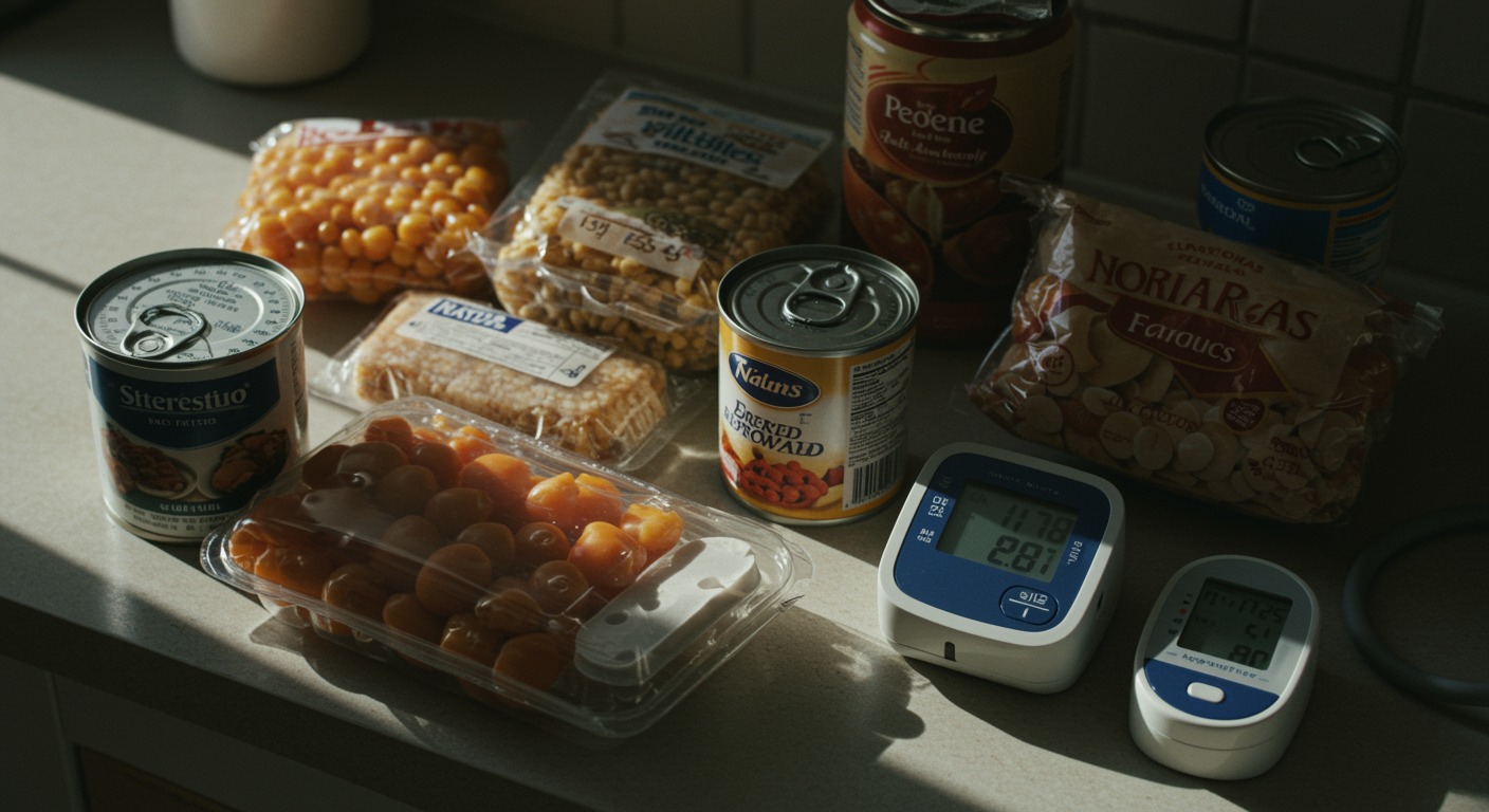 Overhead shot of packaged processed foods and canned goods next to a blood pressure monitor on a kitchen counter in soft daylight
