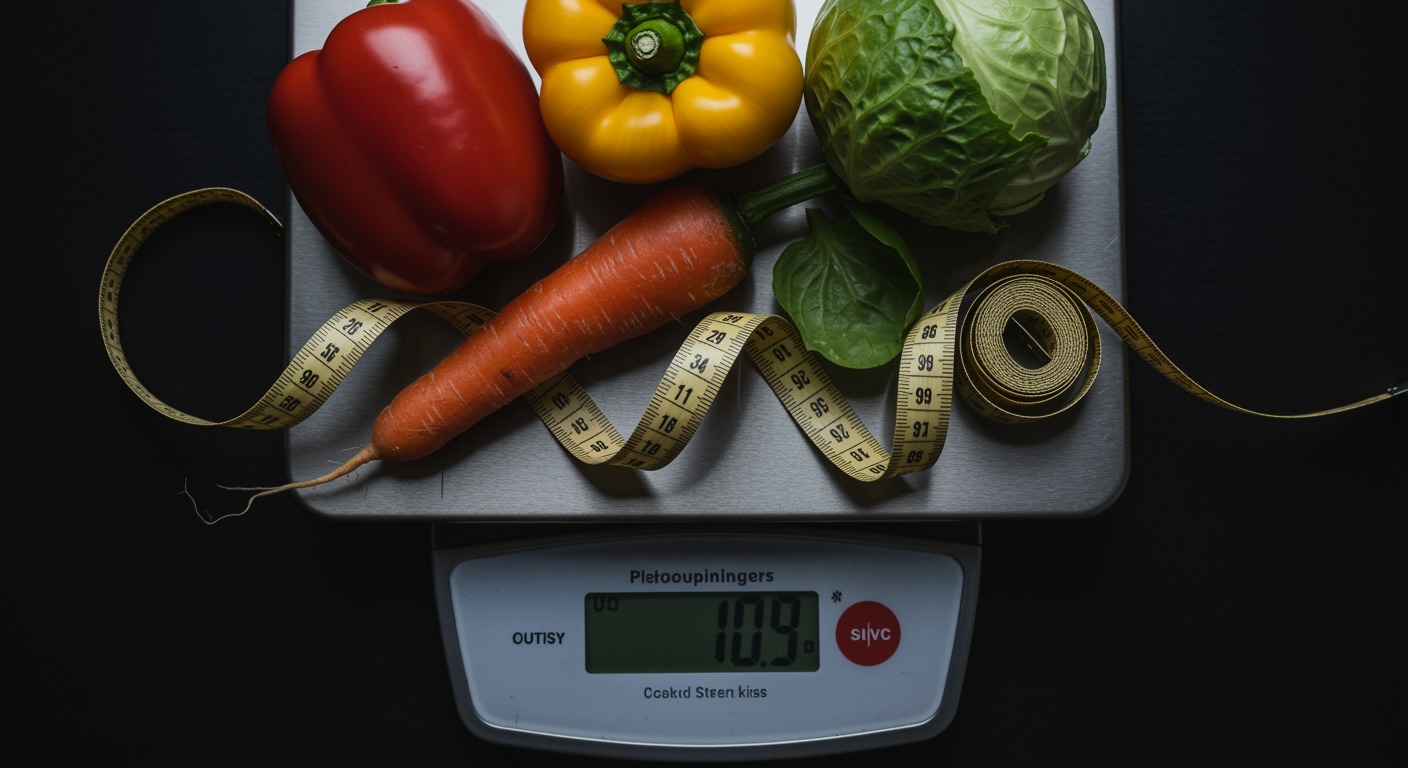 Overhead view of a tape measure curled around fresh vegetables on a clean kitchen scale