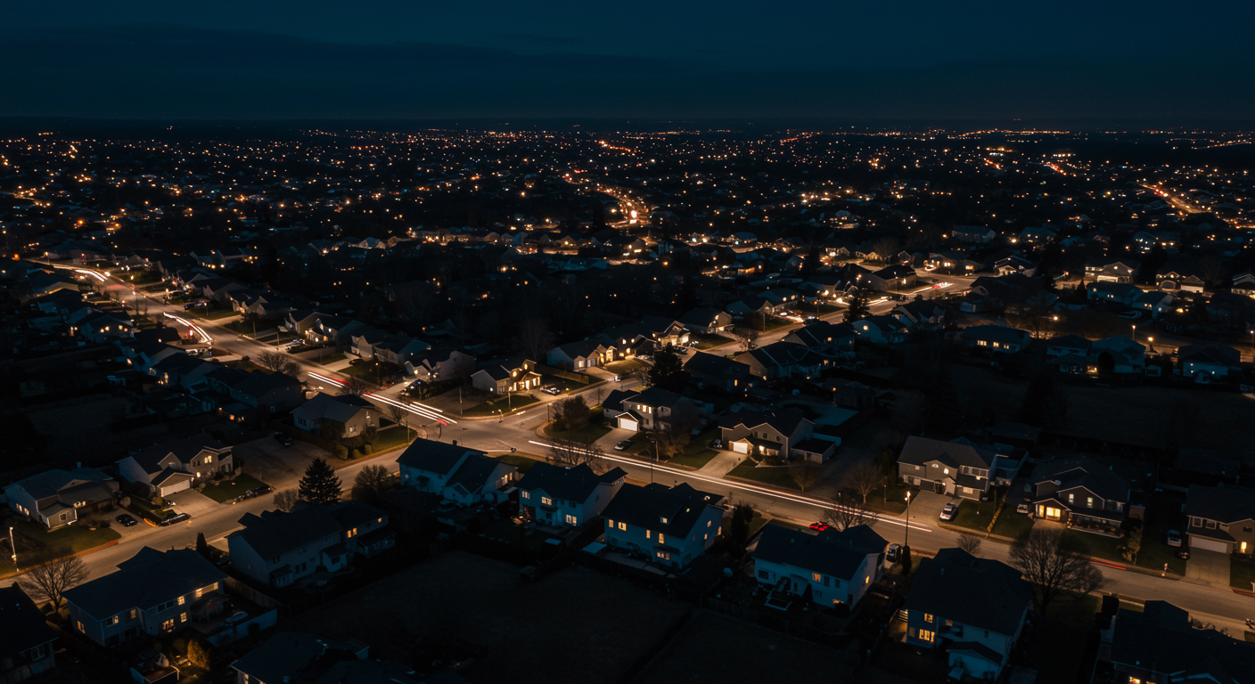 Photorealistic aerial view of American neighborhoods at night with scattered house lights, showing sleep patterns across different regions, natural lighting, no text