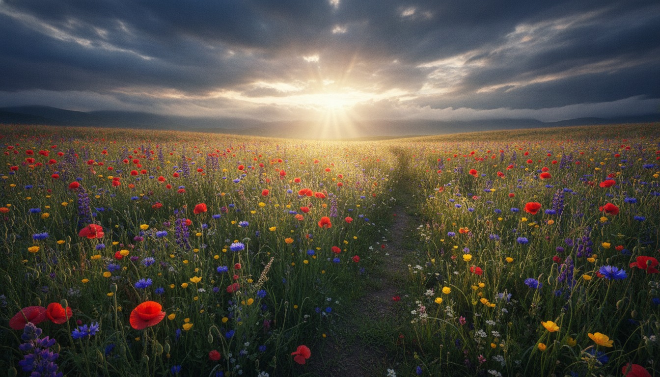 Bright wildflower meadow under dramatic clouds with a single beam of sunlight breaking through