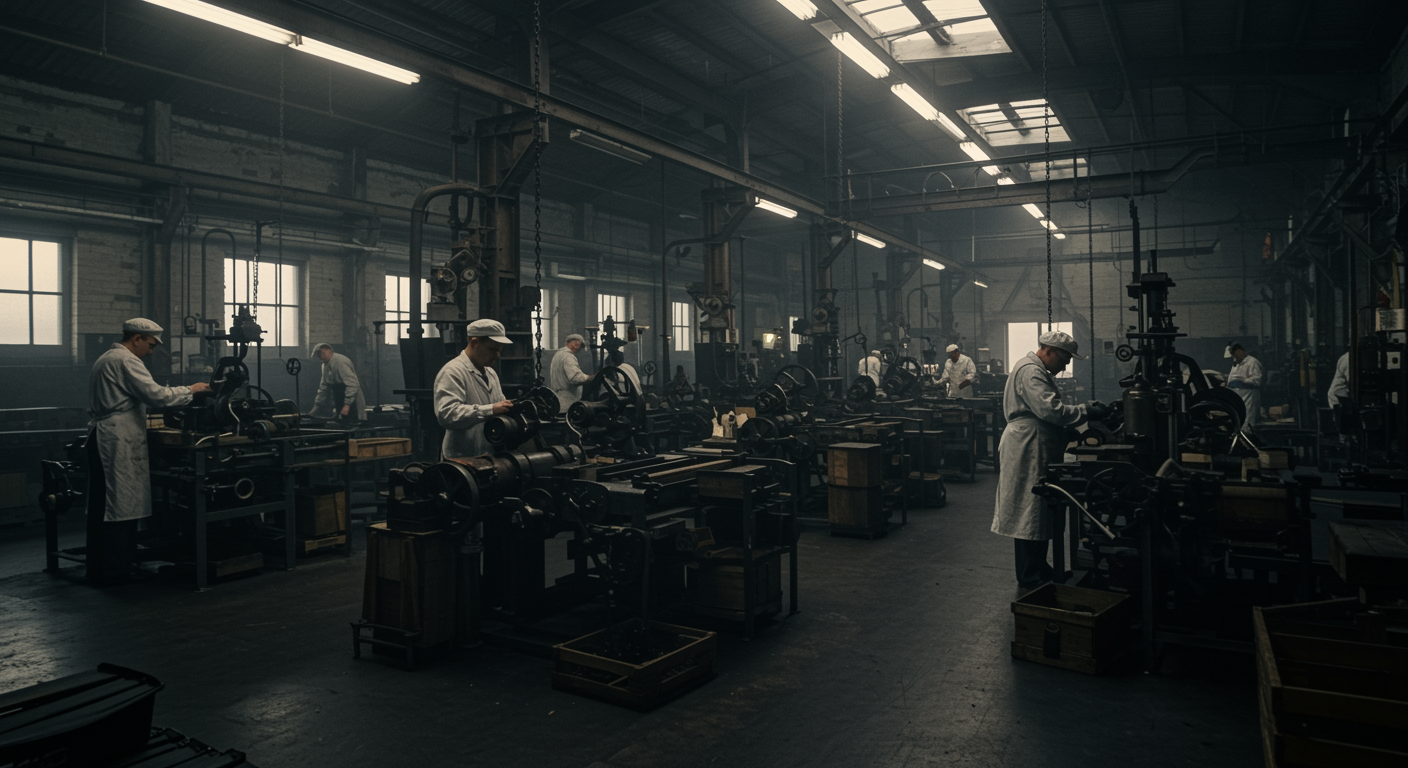 1940s industrial factory interior with workers at production lines under period lighting