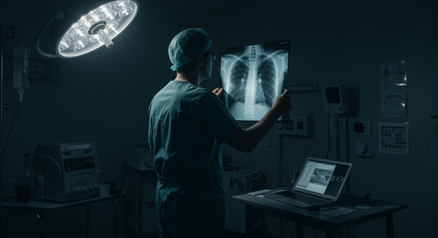 Doctor in scrubs studying a chest X-ray on a backlit viewer in a quiet hospital reading room with cool lighting
