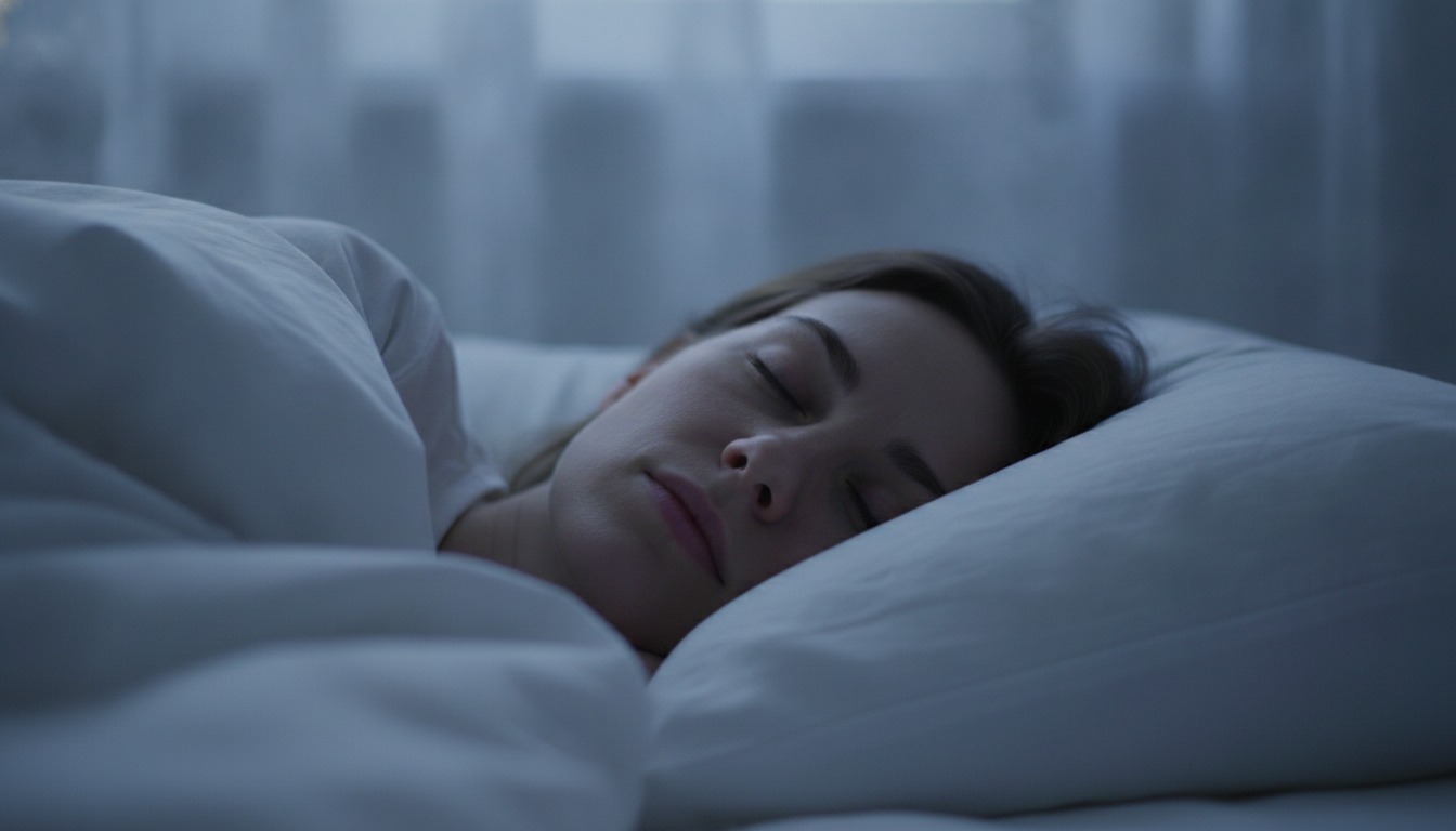 Close-up of a peaceful sleeping face on white pillows with soft moonlight blue tones through curtains