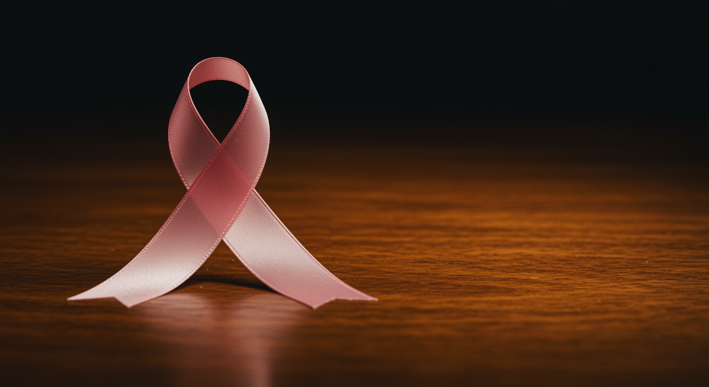 Pink ribbon resting on a polished wooden surface with soft neutral studio lighting