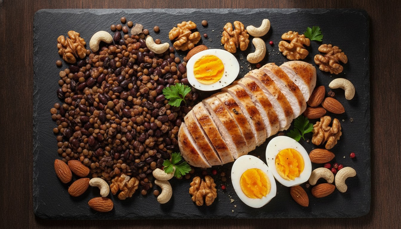 Overhead shot of grilled chicken, eggs, legumes, and nuts on a dark slate board with dramatic side lighting