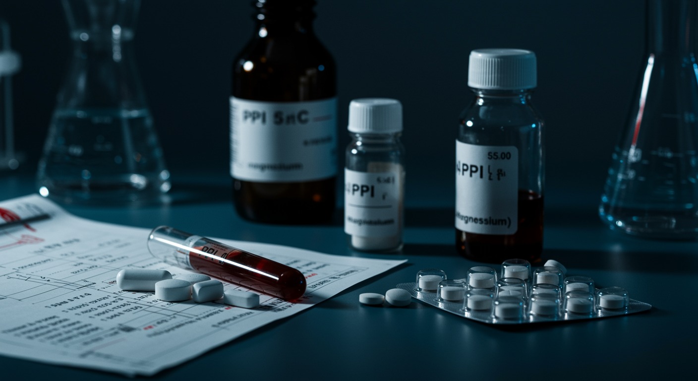 Medical laboratory showing PPI medications alongside magnesium supplements and blood test results on metabolic analysis table