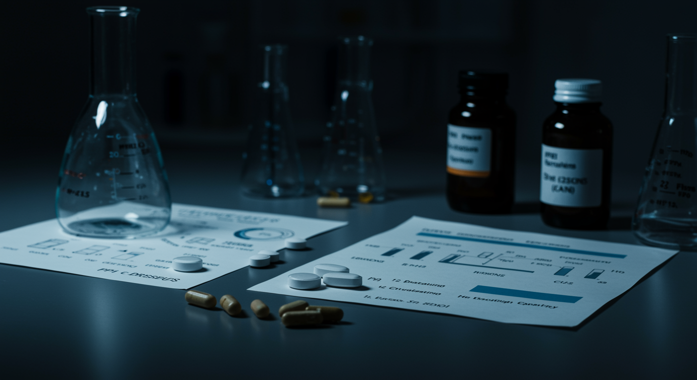 Medical laboratory showing PPI medications alongside zinc supplements and absorption pathway diagrams on nutritional research table