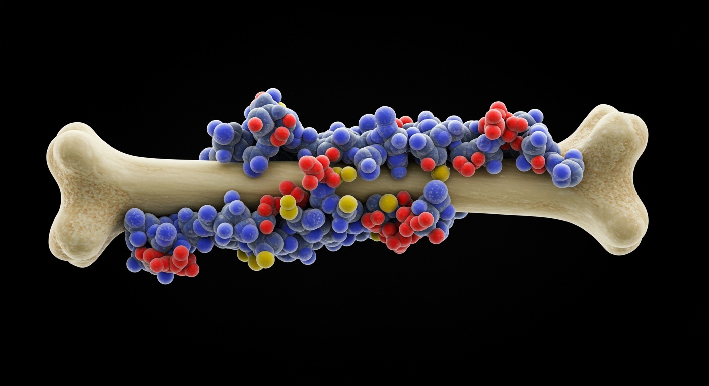 Molecular diagram showing bone collagen structure with PPI effects on collagen synthesis and bone matrix formation