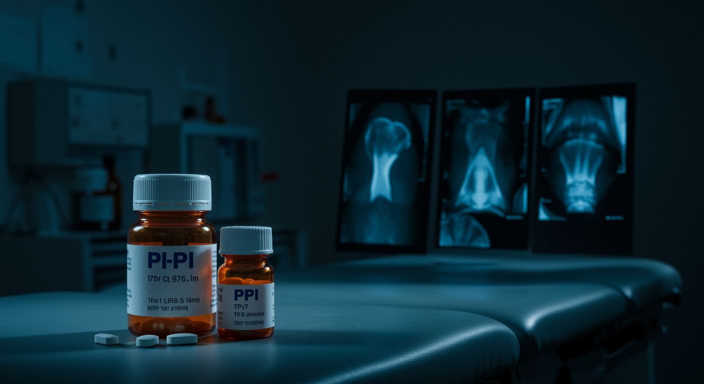Medical research showing PPI medication bottles alongside bone density scans and fracture X-rays on orthopedic examination table